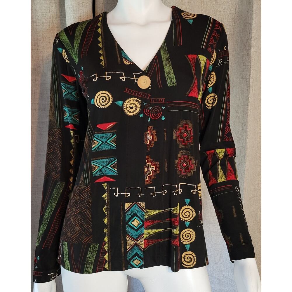 Chicos Travelers Multicolor Single Button Stretchy Slinky Lng Slv Cardigan 0 (M)